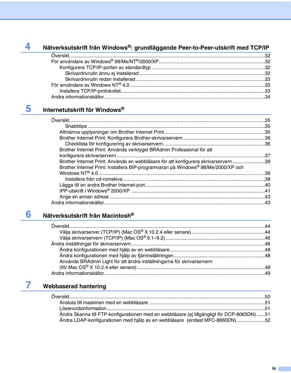 ..34 5 Internetutskrift för Windows Översikt...35 Snabbtips...35 Allmänna upplysningar om Brother Internet Print...35 Brother Internet Print: Konfigurera Brother-skrivarservern.