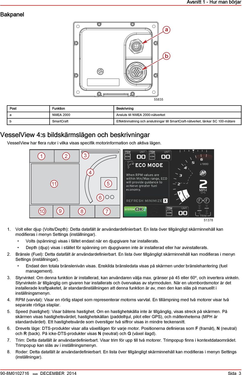 Volt eller djup (Volts/Depth): Dett dtfält är nvändrdefinierrt. En list över tillgängligt skärminnehåll kn modifiers i menyn Settings (inställningr).