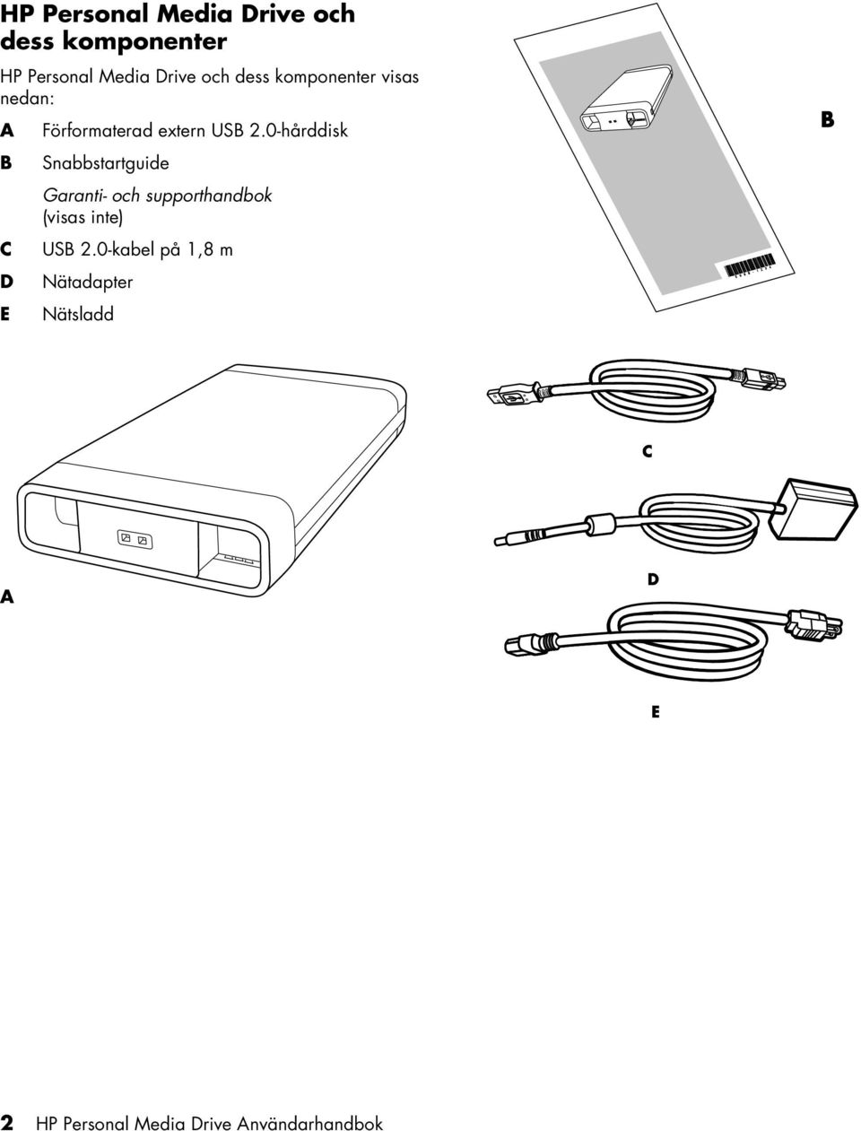 0-hårddisk Snabbstartguide Garanti- och supporthandbok (visas inte) USB 2.