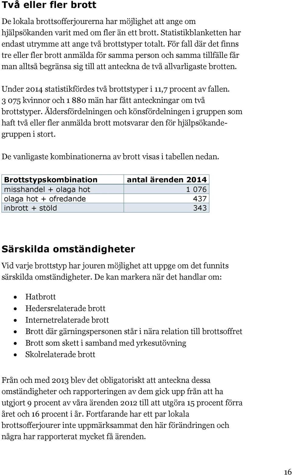 Under 2014 statistikfördes två brottstyper i 11,7 procent av fallen. 3 075 kvinnor och 1 880 män har fått anteckningar om två brottstyper.