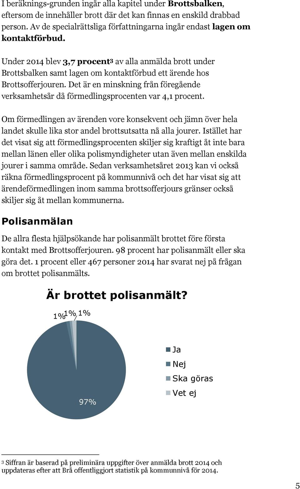 Under 2014 blev 3,7 procent 3 av alla anmälda brott under Brottsbalken samt lagen om kontaktförbud ett ärende hos Brottsofferjouren.