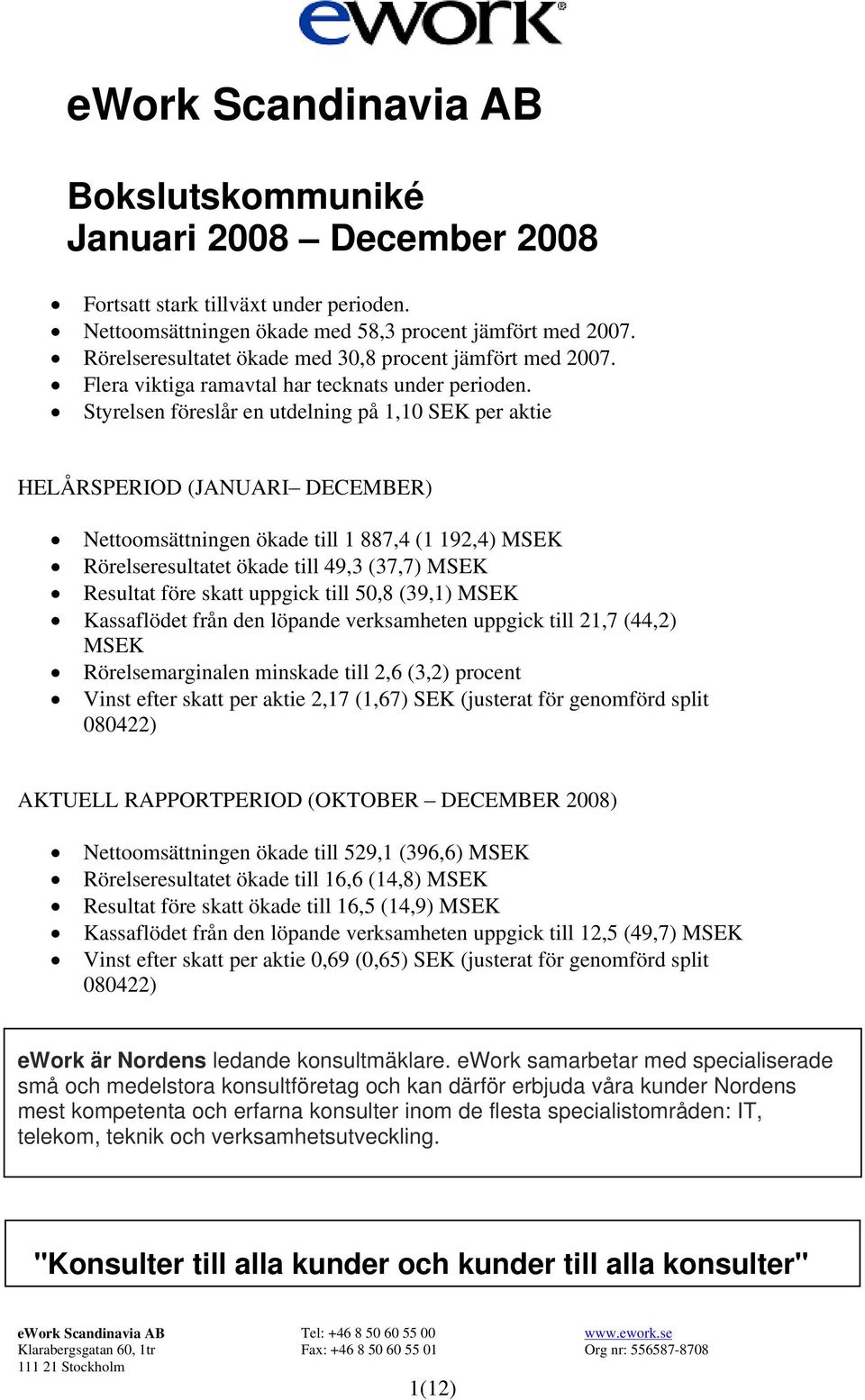 Styrelsen föreslår en utdelning på 1,10 SEK per aktie HELÅRSPERIOD (JANUARI DECEMBER) Nettoomsättningen ökade till 1 887,4 (1 192,4) MSEK Rörelseresultatet ökade till 49,3 (37,7) MSEK Resultat före