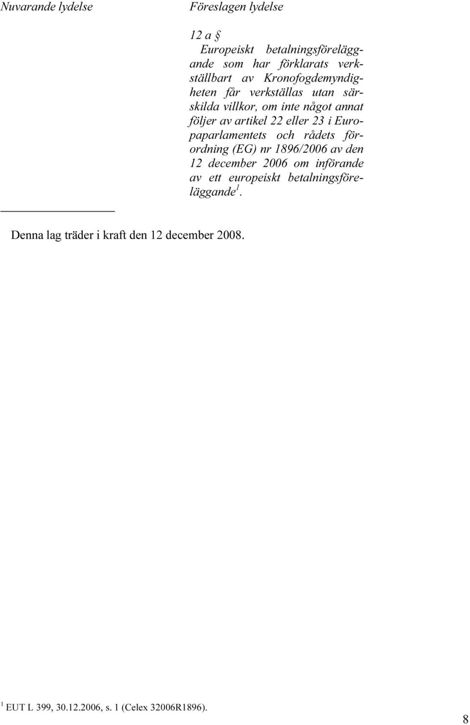 Europaparlamentets och rådets förordning (EG) nr 1896/2006 av den 12 december 2006 om införande av ett europeiskt