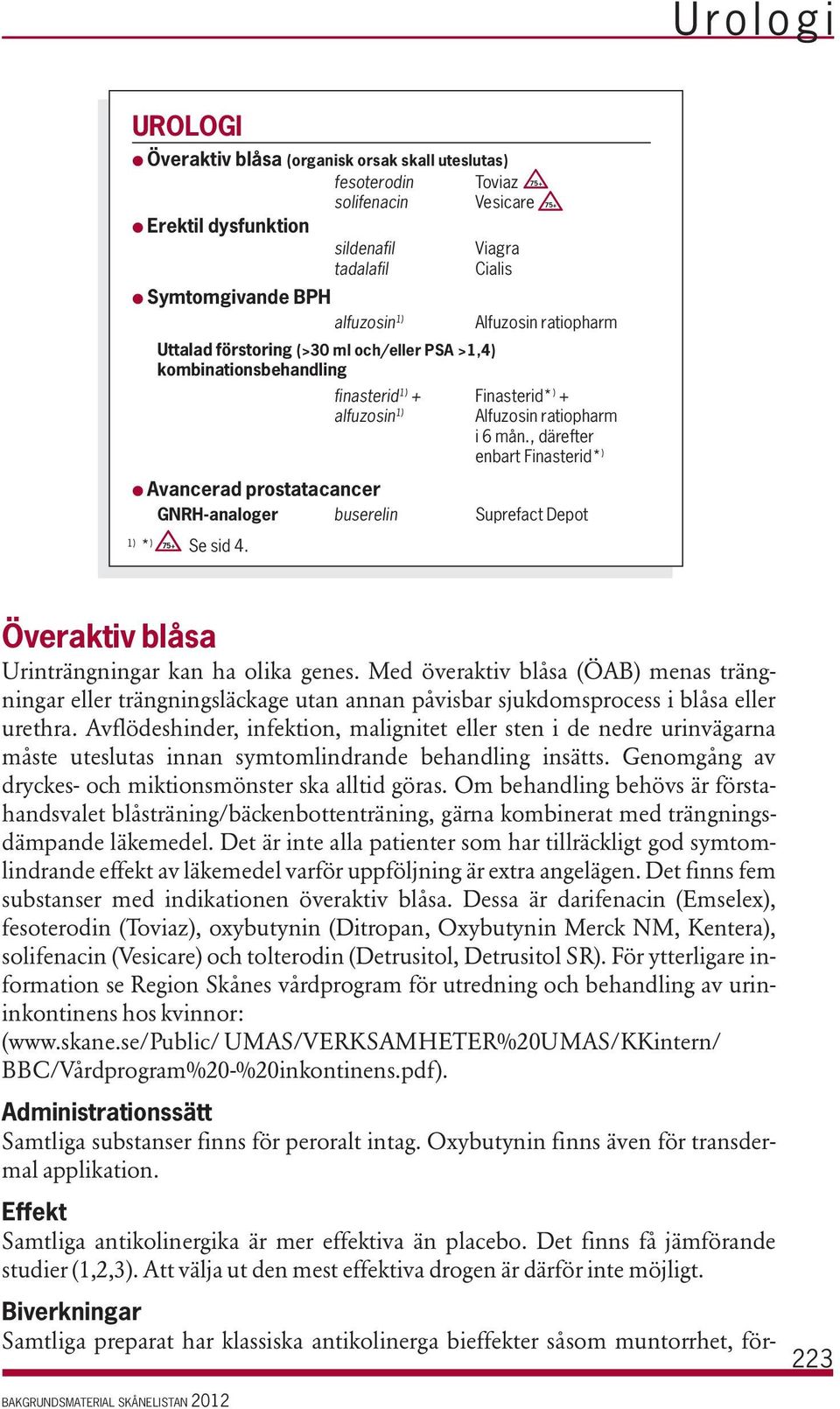 , därefter enbart Finasterid* ) Avancerad prostatacancer GNRH-analoger buserelin Suprefact Depot 1) * ) 75+ Se sid 4. Överaktiv blåsa Urinträngningar kan ha olika genes.