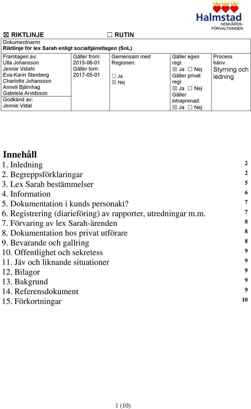 HEMVÅRDS- Process hänv. Styrning och ledning Innehåll 1. Inledning 2 2. Begreppsförklaringar 2 3. Lex Sarah bestämmelser 5 4. Information 6 5. Dokumentation i kunds personakt? 7 6.