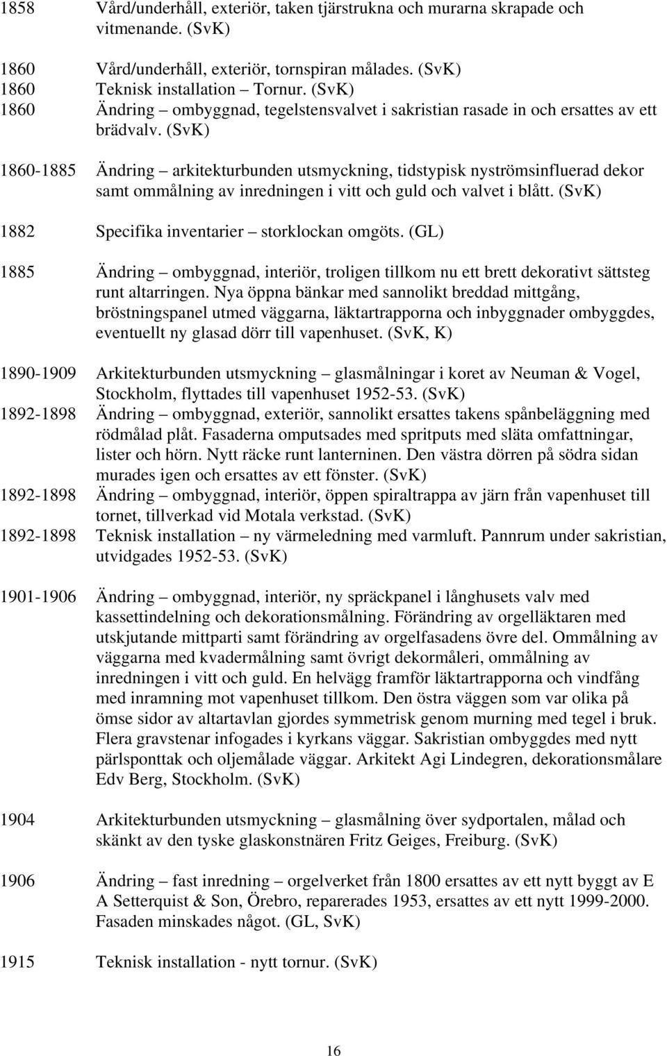 (SvK) 1860-1885 Ändring arkitekturbunden utsmyckning, tidstypisk nyströmsinfluerad dekor samt ommålning av inredningen i vitt och guld och valvet i blått.