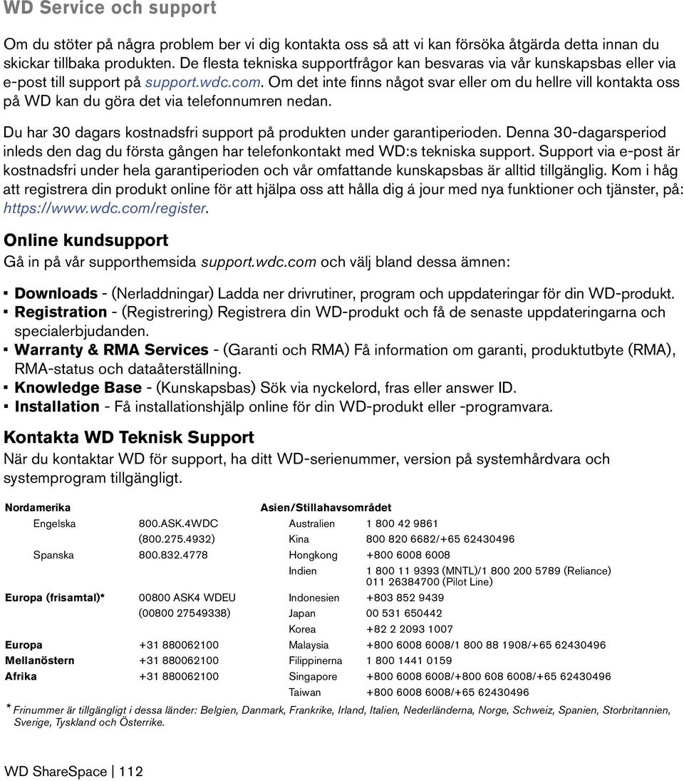 Om det inte finns något svar eller om du hellre vill kontakta oss på WD kan du göra det via telefonnumren nedan. Du har 30 dagars kostnadsfri support på produkten under garantiperioden.