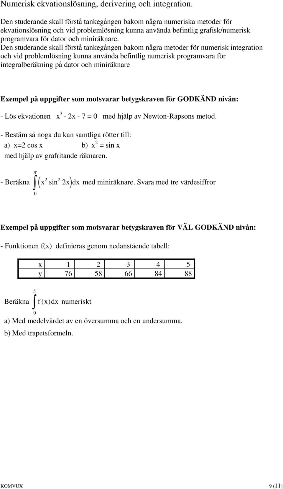 Den studerande skall förstå tankegången bakom några metoder för numerisk integration och vid problemlösning kunna använda befintlig numerisk programvara för integralberäkning på dator och miniräknare