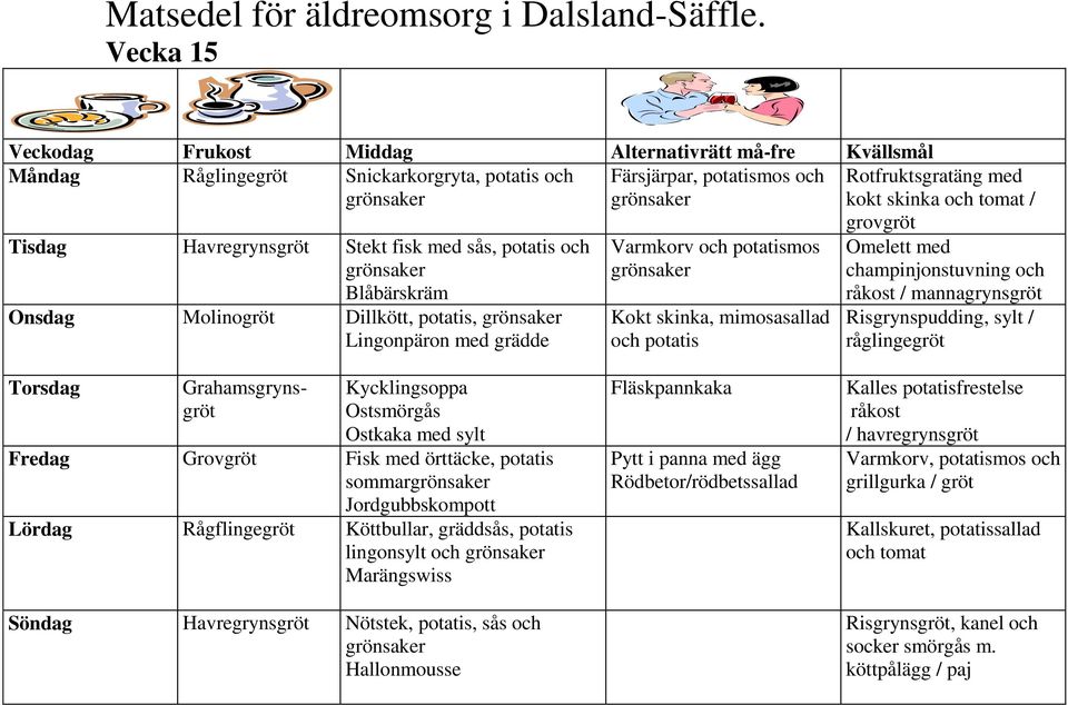 Onsdag Molinogröt Dillkött, potatis, Lingonpäron med grädde Varmkorv och potatismos Kokt skinka, mimosasallad och potatis grovgröt Omelett med champinjonstuvning och råkost / Risgrynspudding, sylt /