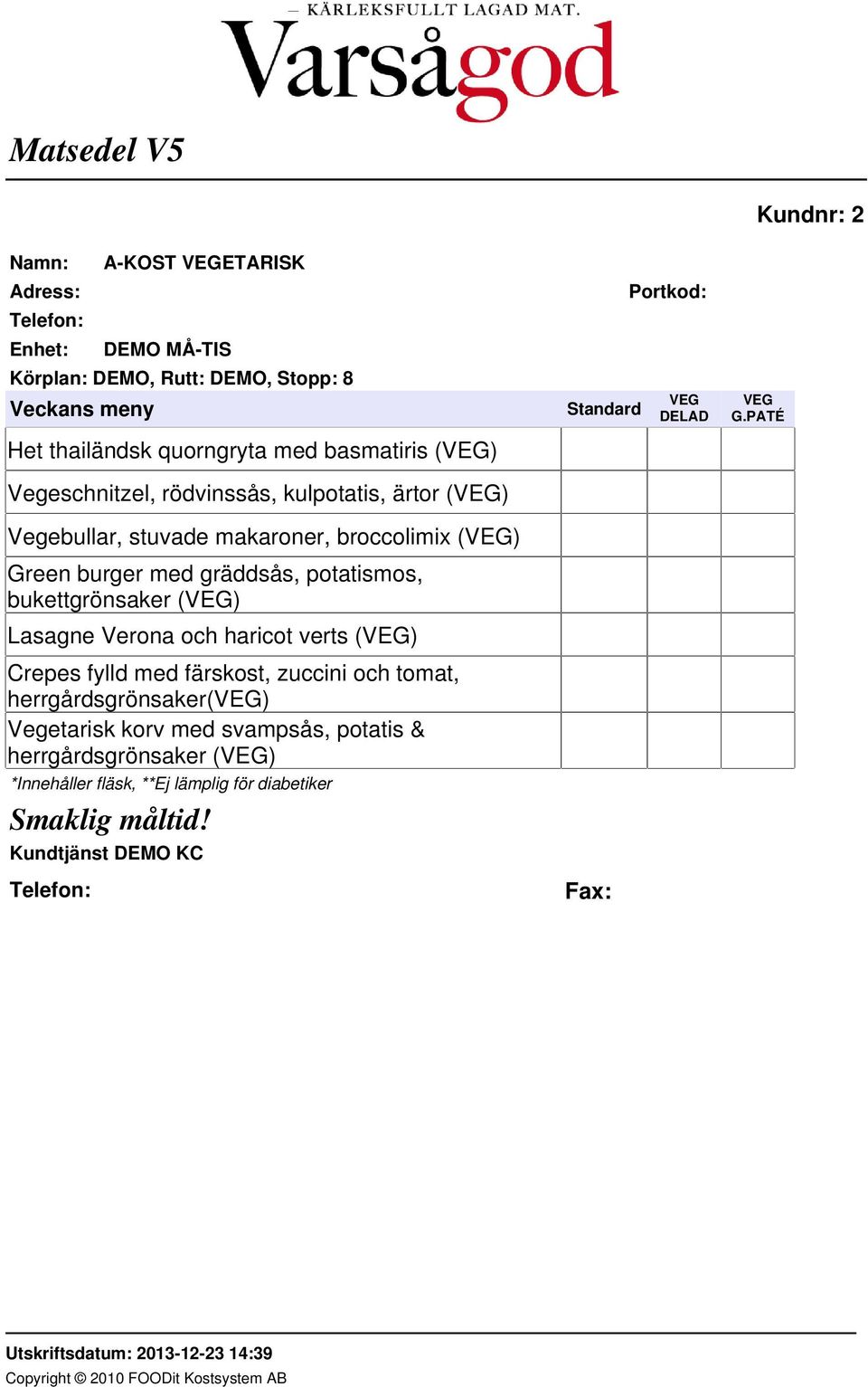 och haricot verts (VEG) Crepes fylld med färskost, zuccini och tomat, herrgårdsgrönsaker(veg) Vegetarisk korv med