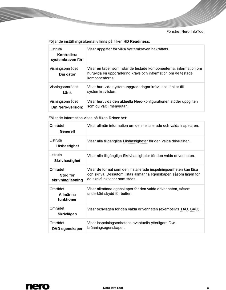 Visar en tabell som listar de testade komponenterna, information om huruvida en uppgradering krävs och information om de testade komponenterna.