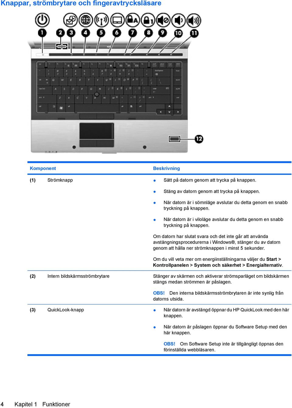 Om datorn har slutat svara och det inte går att använda avstängningsprocedurerna i Windows, stänger du av datorn genom att hålla ner strömknappen i minst 5 sekunder.