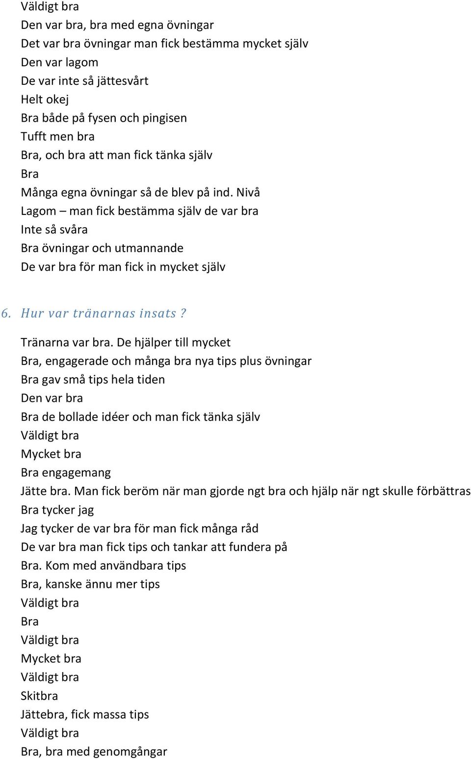 Tränarna var bra. De hjälper till mycket, engagerade och många bra nya tips plus övningar gav små tips hela tiden Den var bra de bollade idéer och man fick tänka själv Mycket bra engagemang Jätte bra.