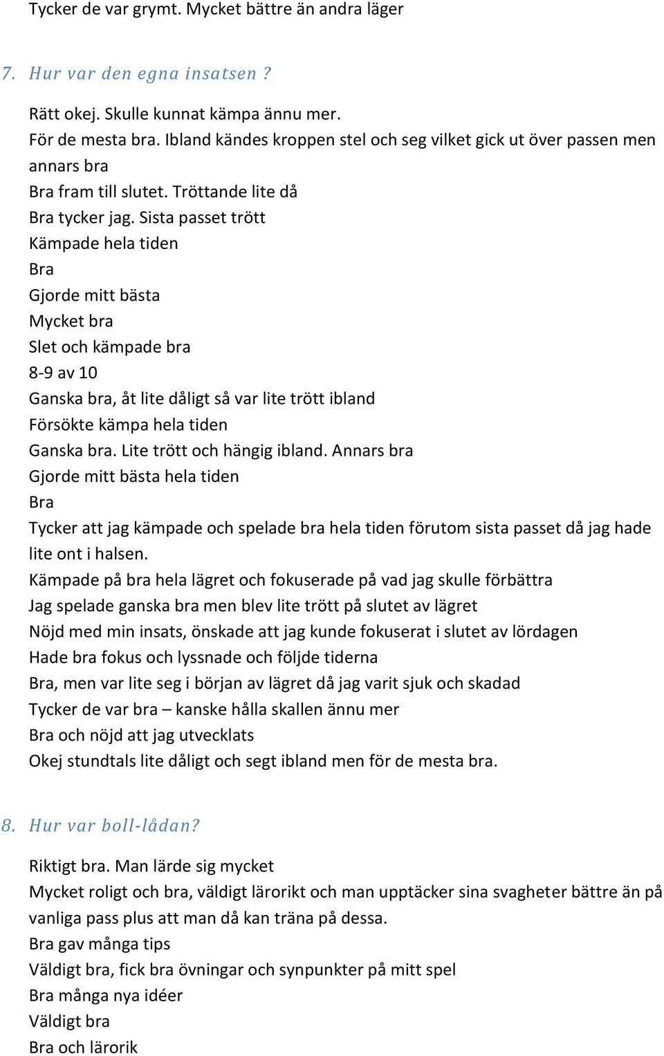 Sista passet trött Kämpade hela tiden Gjorde mitt bästa Mycket bra Slet och kämpade bra 8-9 av 10 Ganska bra, åt lite dåligt så var lite trött ibland Försökte kämpa hela tiden Ganska bra.