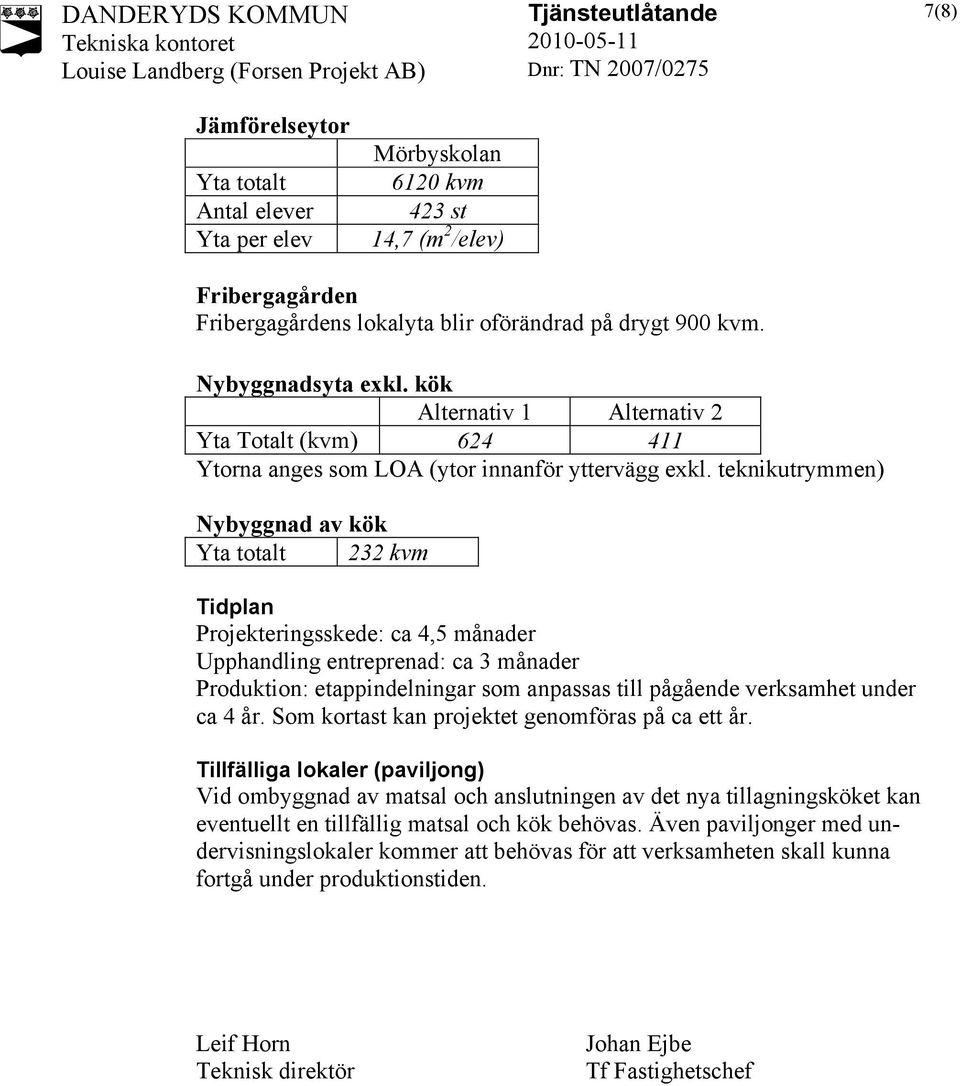 teknikutrymmen) Nybyggnad av kök Yta totalt 232 kvm Tidplan Projekteringsskede: ca 4,5 månader Upphandling entreprenad: ca 3 månader Produktion: etappindelningar som anpassas till pågående verksamhet