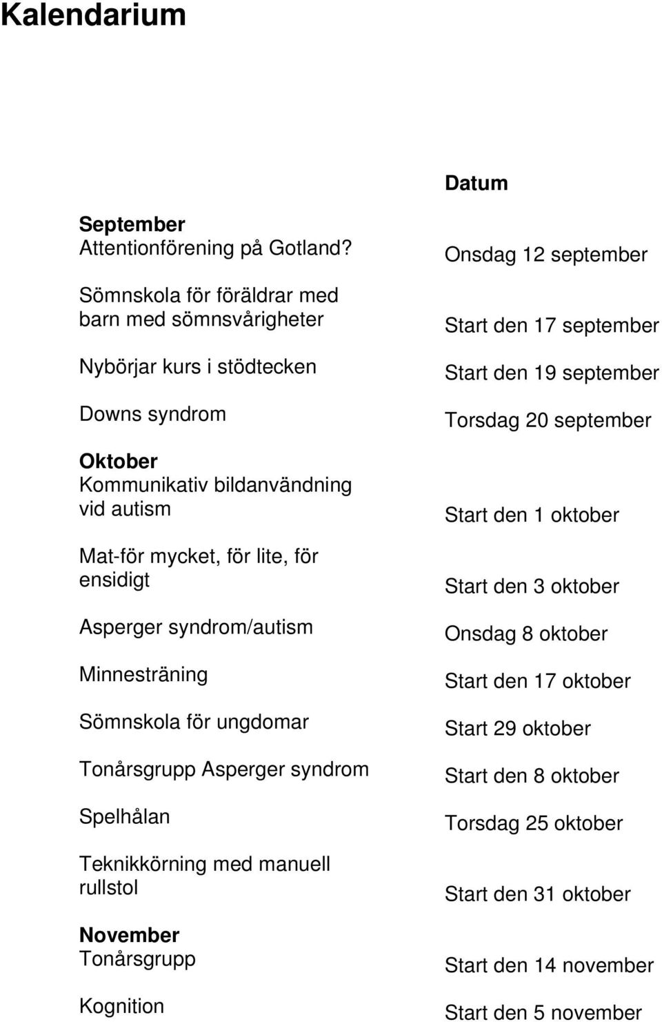 ensidigt Asperger syndrom/autism Minnesträning Sömnskola för ungdomar Tonårsgrupp Asperger syndrom Spelhålan Teknikkörning med manuell rullstol November Tonårsgrupp