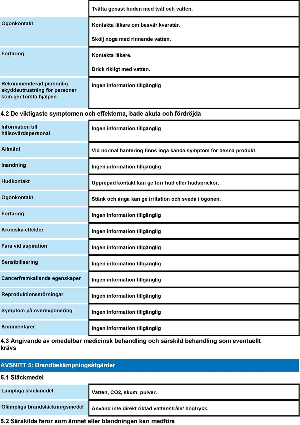 2 De viktigaste symptomen och effekterna, både akuta och fördröjda Information till hälsovårdspersonal Allmänt Inandning Hudkontakt Ögonkontakt Förtäring Kroniska effekter Fara vid aspiration