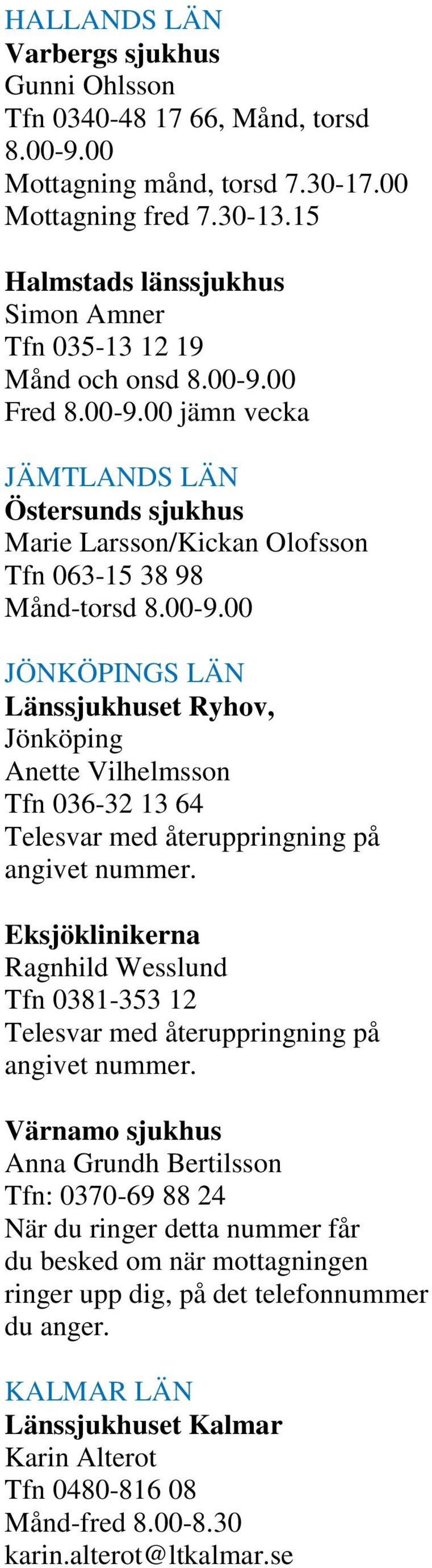 00-9.00 JÖNKÖPINGS LÄN Länssjukhuset Ryhov, Jönköping Anette Vilhelmsson Tfn 036-32 13 64 Telesvar med återuppringning på angivet nummer.