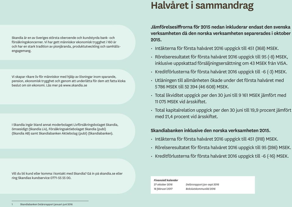 Vi skapar rikare liv för människor med hjälp av lösningar inom sparande, pension, ekonomisk trygghet och genom att underlätta för dem att fatta kloka beslut om sin ekonomi. Läs mer på www.skandia.
