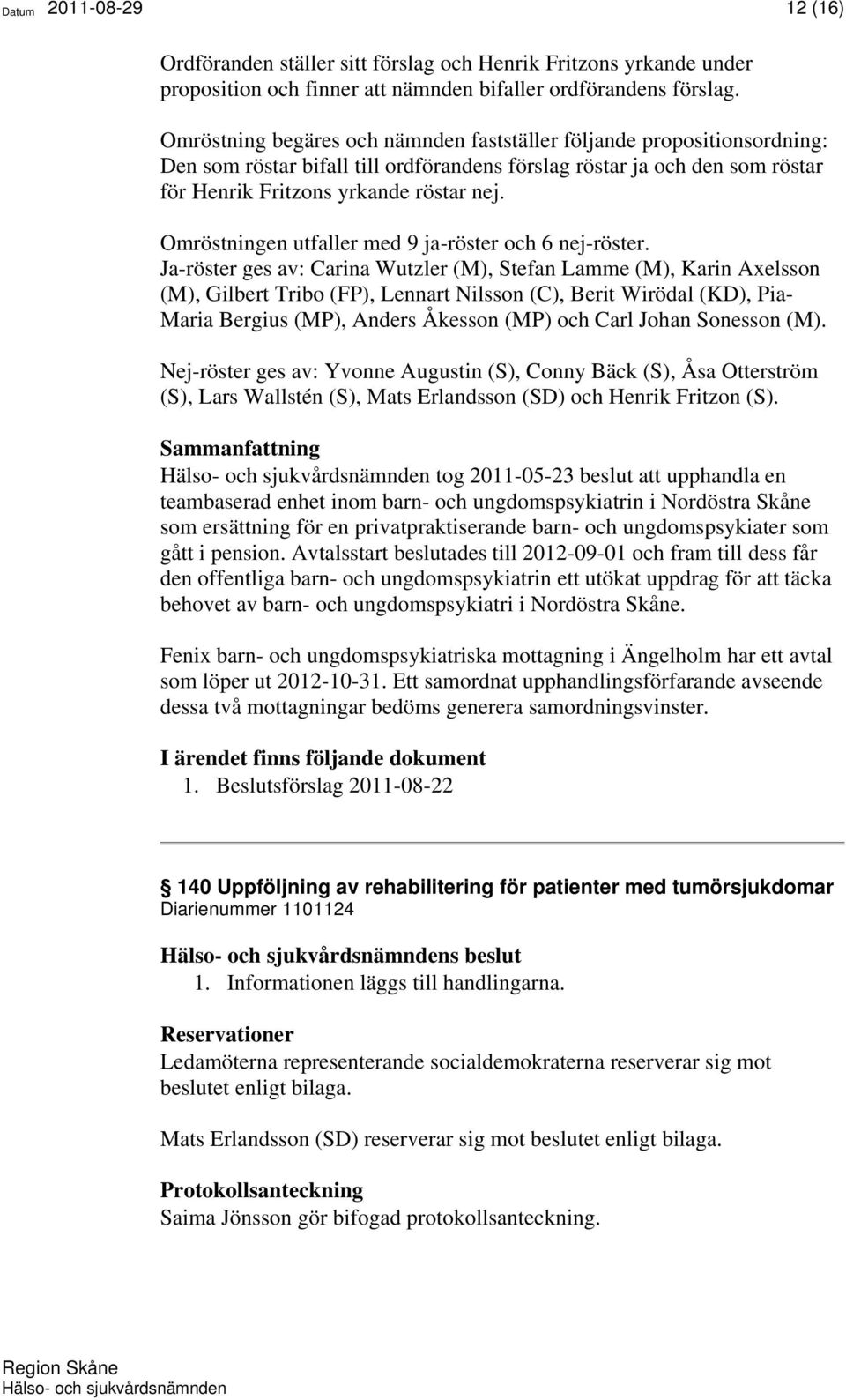 Omröstningen utfaller med 9 ja-röster och 6 nej-röster.