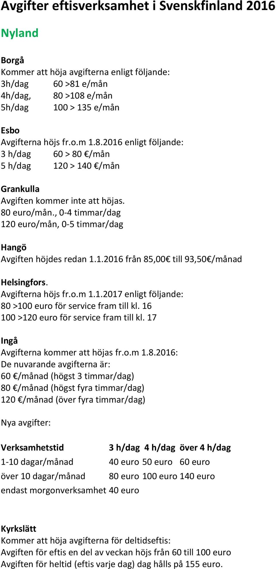 80 euro/mån., 0-4 timmar/dag 120 euro/mån, 0-5 timmar/dag Hangö Avgiften höjdes redan 1.1.2016 från 85,00 till 93,50 /månad Helsingfors. Avgifterna höjs fr.o.m 1.1.2017 enligt följande: 80 >100 euro för service fram till kl.