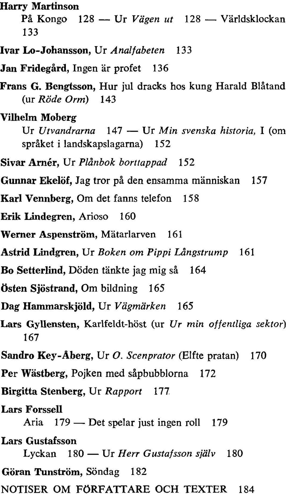 152 Gunnar Ekelöf, Jag tror på den ensamma människan 157 Karl Vennberg, Om det fanns telefon 158 Erik Lindegren, Arioso 160 Werner Aspenström, Mätarlarven 161 Astrid Lindgren, Ur Boken om Pippi