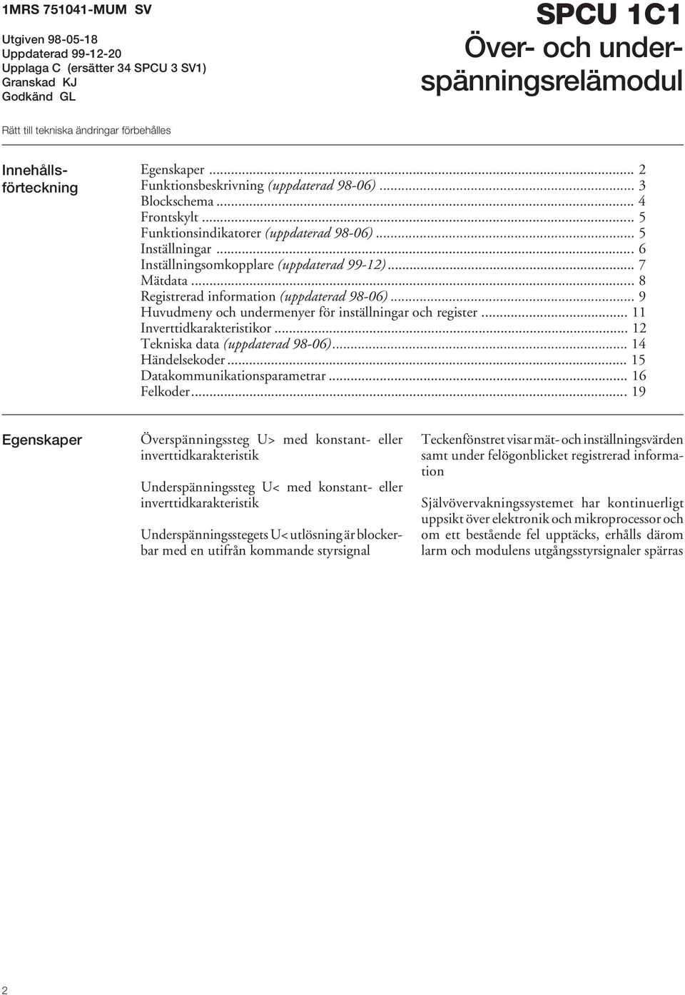.. 6 Inställningsomkopplare (uppdaterad 99-12)... 7 Mätdata... 8 Registrerad information (uppdaterad 98-06)... 9 Huvudmeny och undermenyer för inställningar och register... 11 Inverttidkarakteristikor.