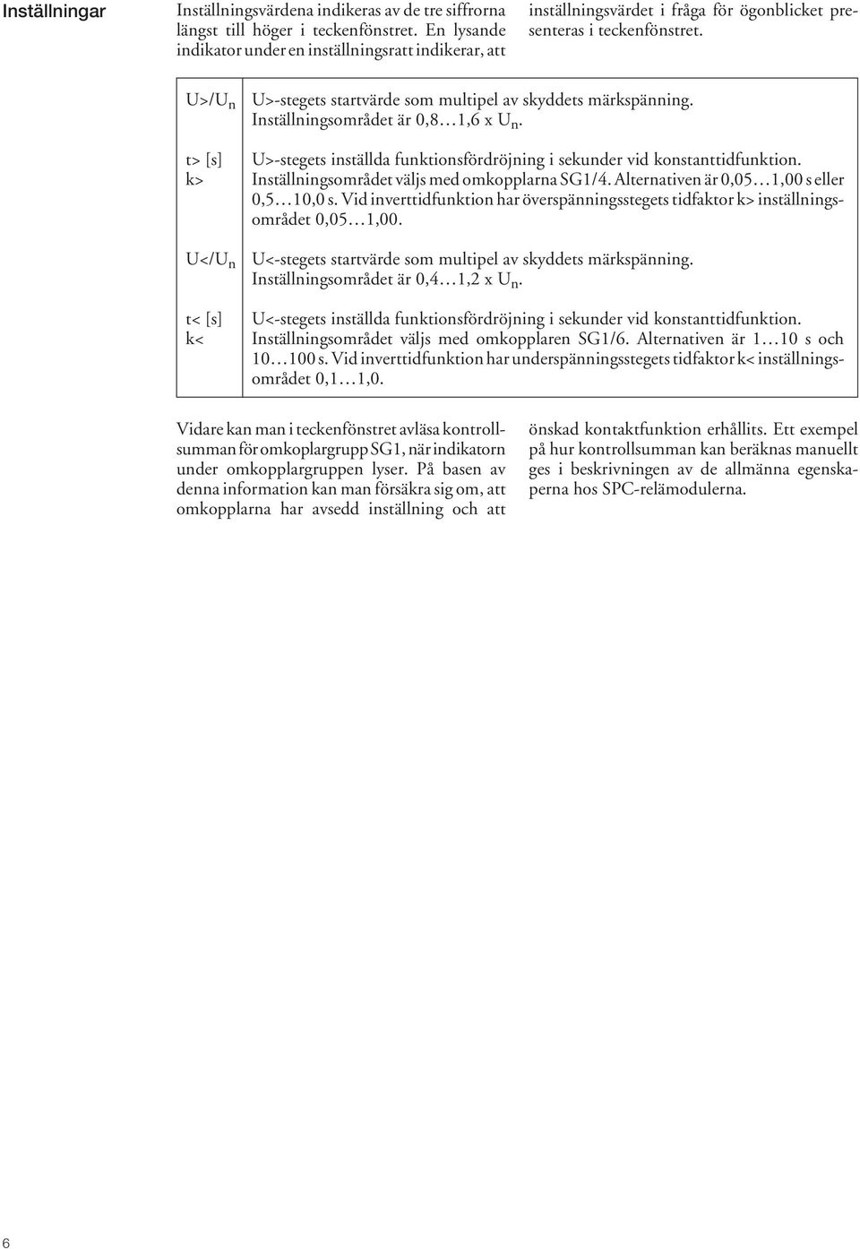 U>/U n U>-stegets startvärde som multipel av skyddets märkspänning. Inställningsområdet är 0,8 1,6 x U n. t> [s] U>-stegets inställda funktionsfördröjning i sekunder vid konstanttidfunktion.