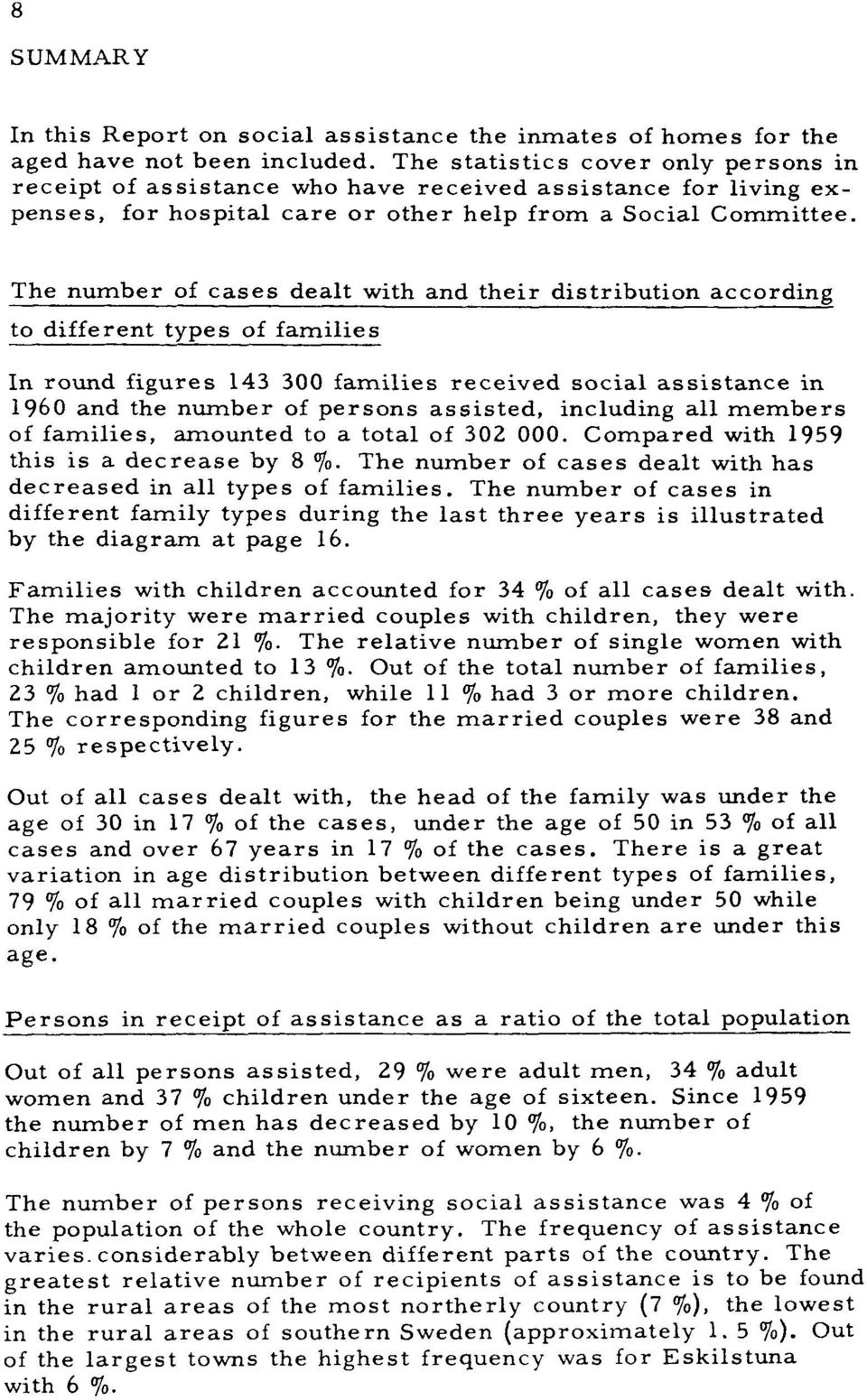 The number of cases dealt with and their distribution according to different types of families In round figures 143 300 families received social assistance in I960 and the number of persons assisted,