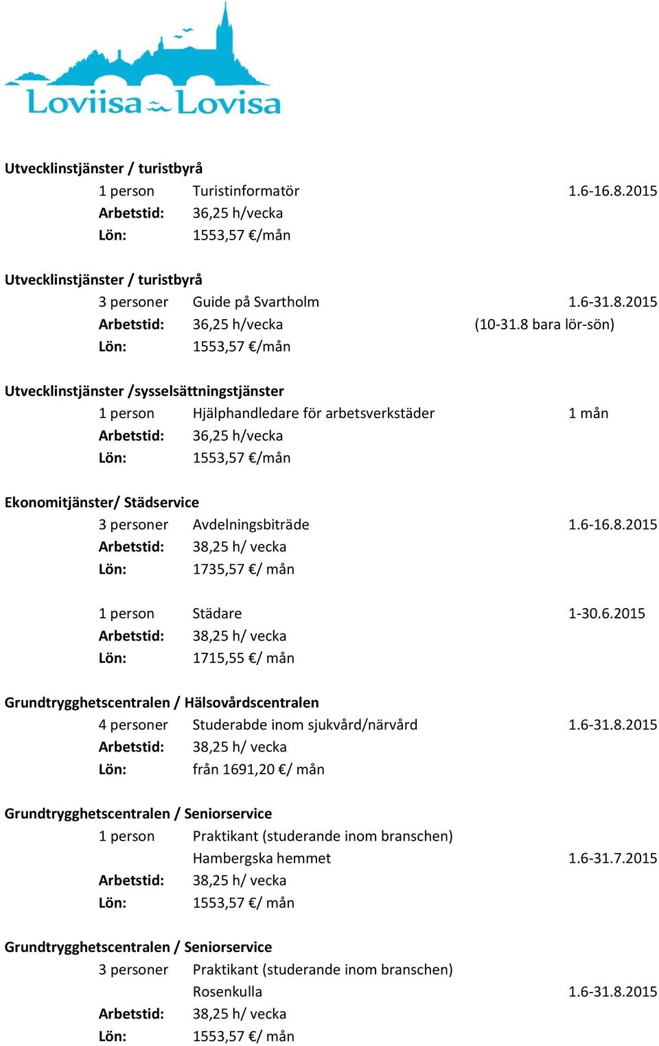 6-16.8.2015 Lön: 1735,57 / mån 1 person Städare 1-30.6.2015 Lön: 1715,55 / mån Grundtrygghetscentralen / Hälsovårdscentralen 4 personer Studerabde inom sjukvård/närvård 1.