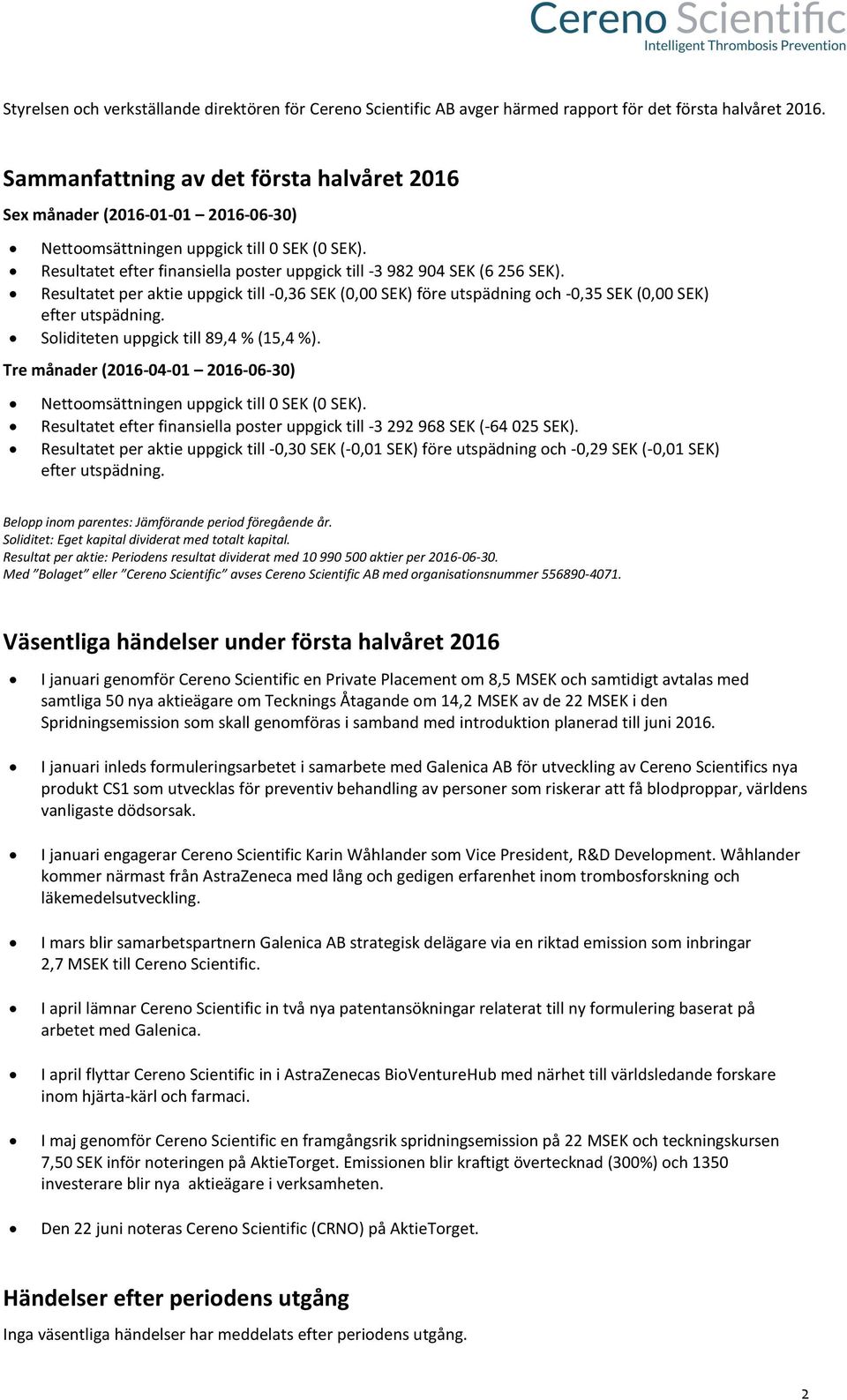 Resultatet efter finansiella poster uppgick till -3 982 904 SEK (6 256 SEK). Resultatet per aktie uppgick till -0,36 SEK (0,00 SEK) före utspädning och -0,35 SEK (0,00 SEK) efter utspädning.