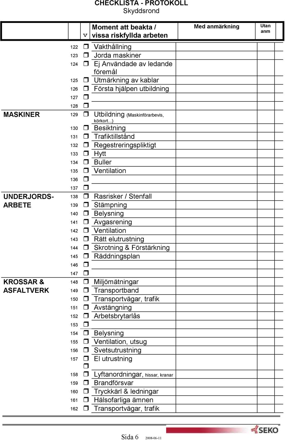 ..) 130 Besiktning 131 Trafiktillstånd 132 Regestreringspliktigt 133 Hytt 134 Buller 135 Ventilation 136 137 138 Rasrisker / Stenfall 139 Stämpning 140 Belysning 141 Agasrening 142 Ventilation 143