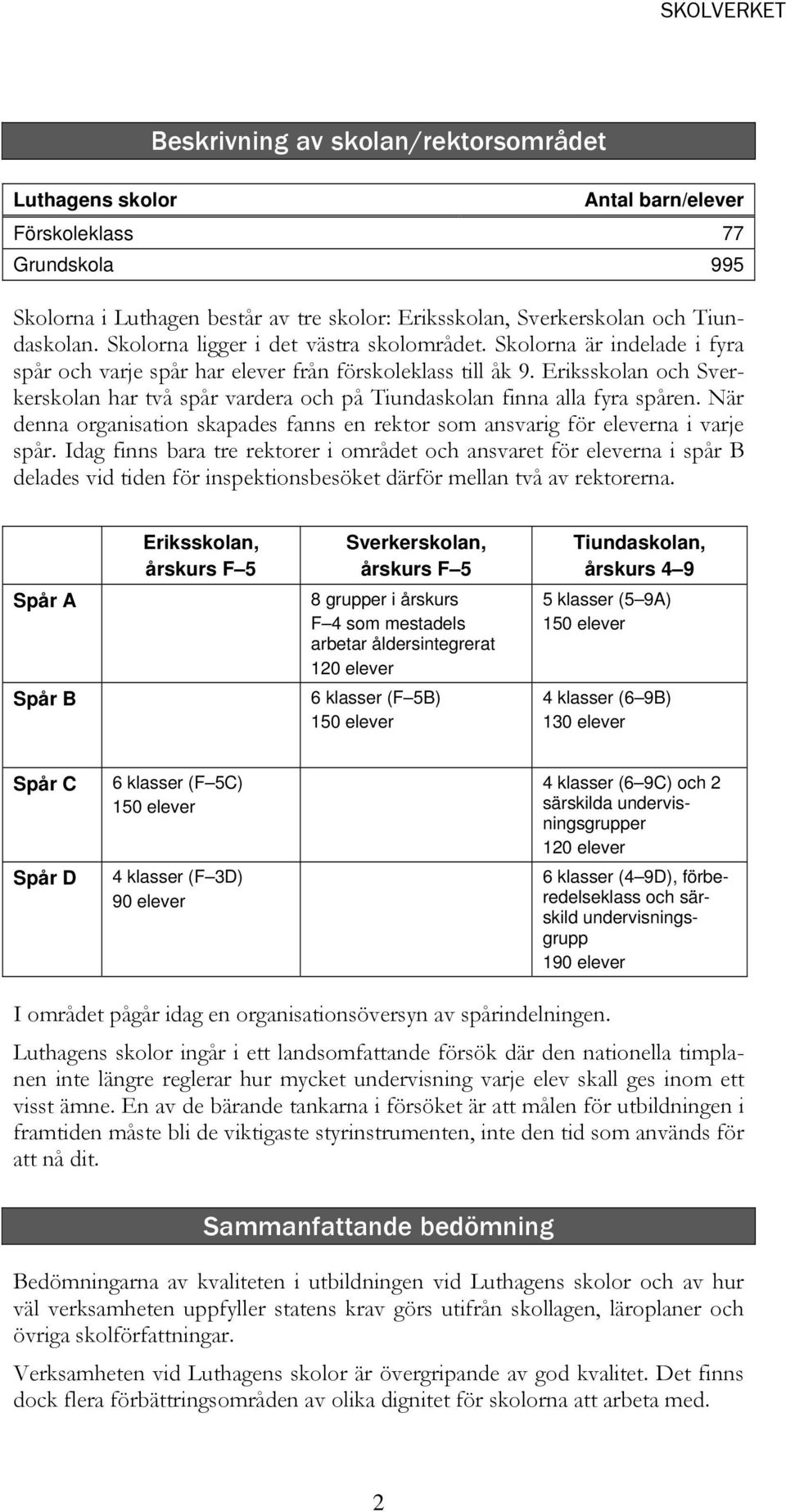 Eriksskolan och Sverkerskolan har två spår vardera och på Tiundaskolan finna alla fyra spåren. När denna organisation skapades fanns en rektor som ansvarig för eleverna i varje spår.