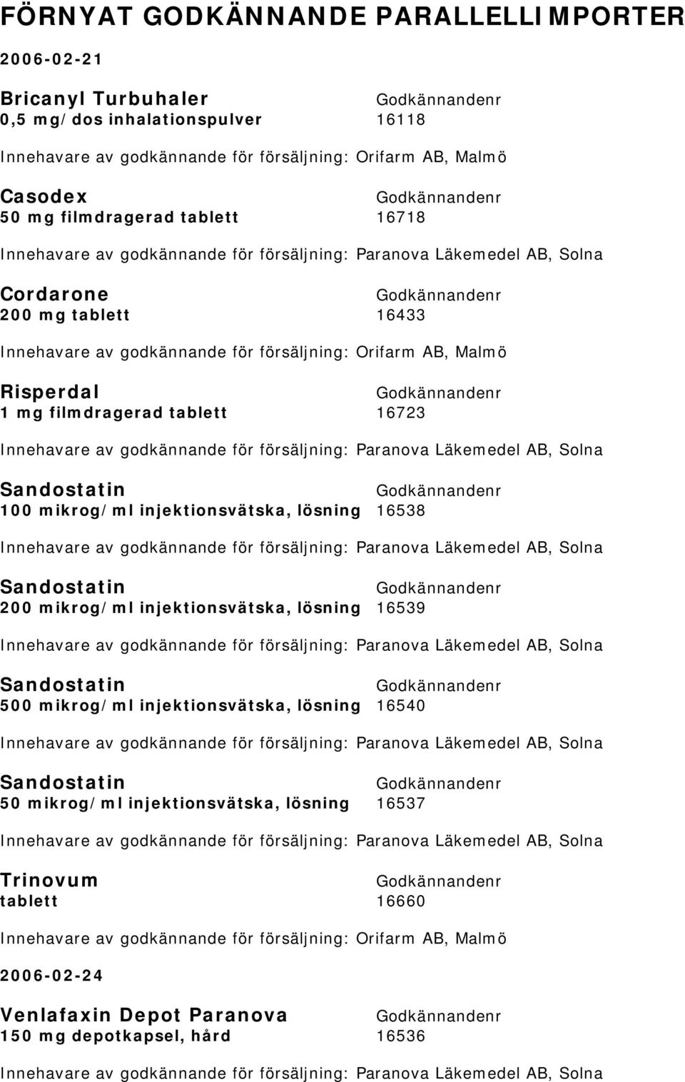 tablett 16723 Innehavare av godkännande för försäljning: Paranova Läkemedel AB, Solna Sandostatin 100 mikrog/ml injektionsvätska, lösning 16538 Innehavare av godkännande för försäljning: Paranova
