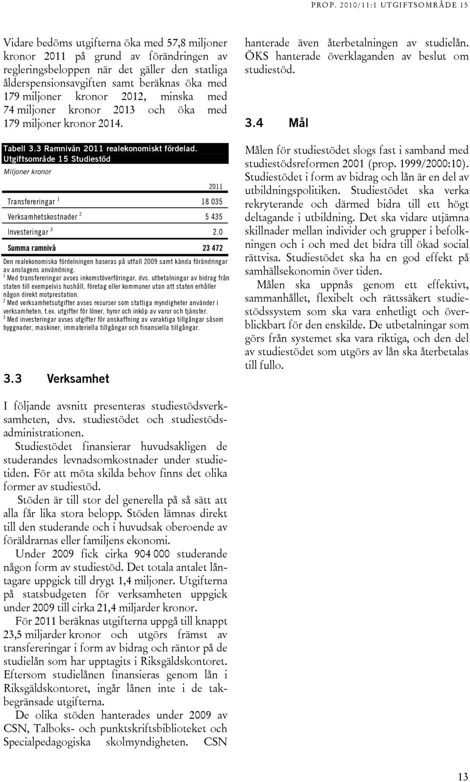 Utgiftsområde 15 Studiestöd Miljoner kronor 2011 Transfereringar 1 18 035 Verksamhetskostnader 2 5 435 Investeringar 3 2,0 Summa ramnivå 23 472 Den realekonomiska fördelningen baseras på utfall 2009