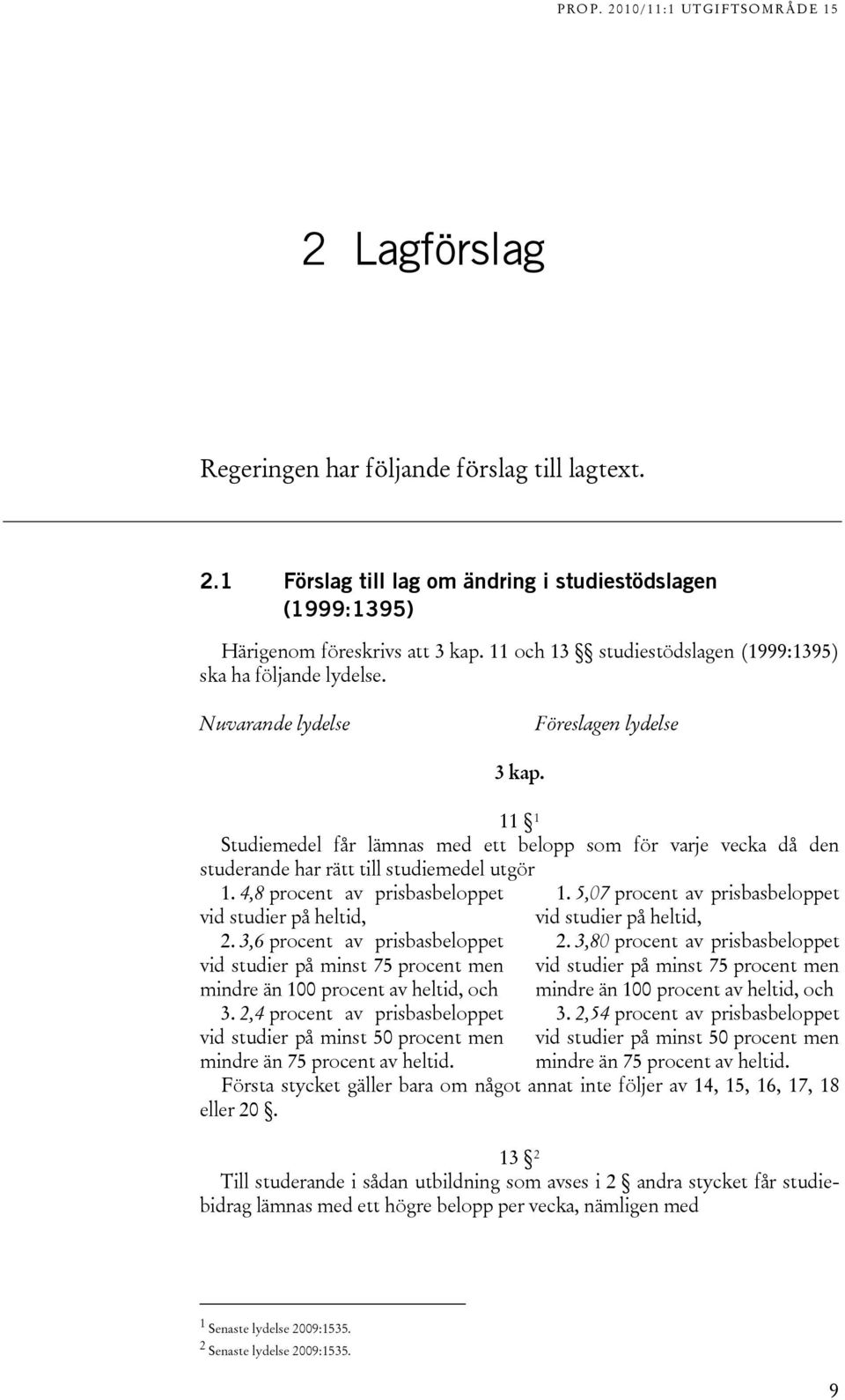 11 1 Studiemedel får lämnas med ett belopp som för varje vecka då den studerande har rätt till studiemedel utgör 1. 4,8 procent av prisbasbeloppet 1.