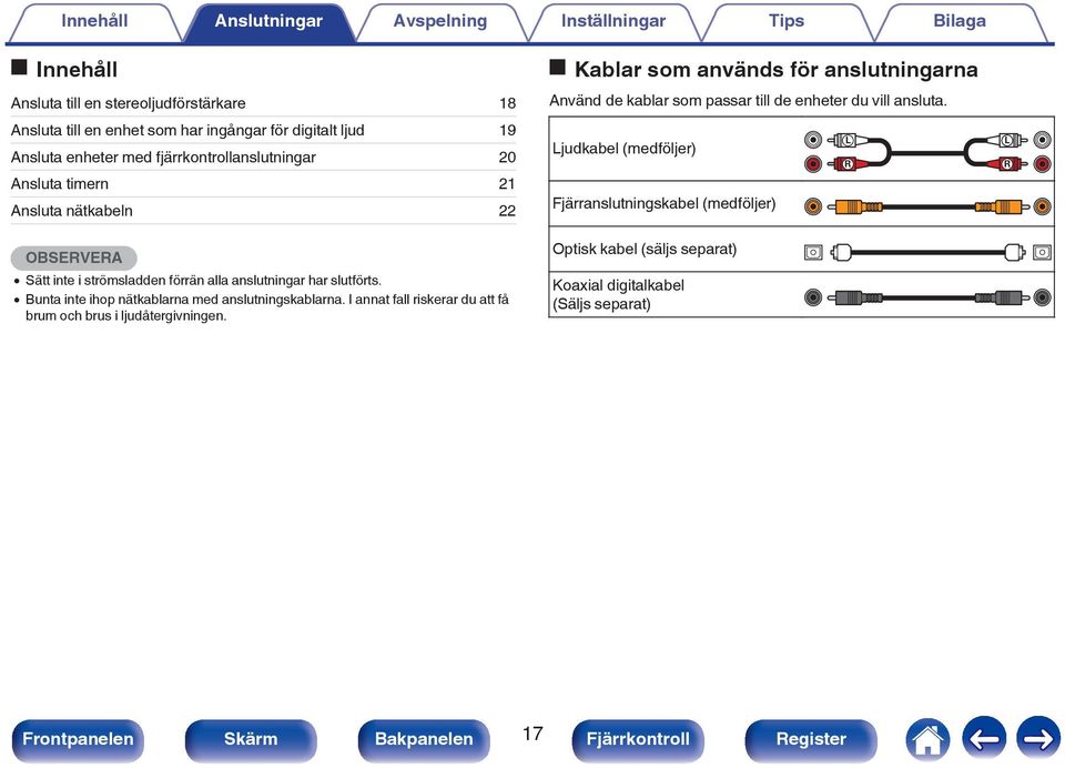 0 Bunta inte ihop nätkablarna med anslutningskablarna. I annat fall riskerar du att få brum och brus i ljudåtergivningen.