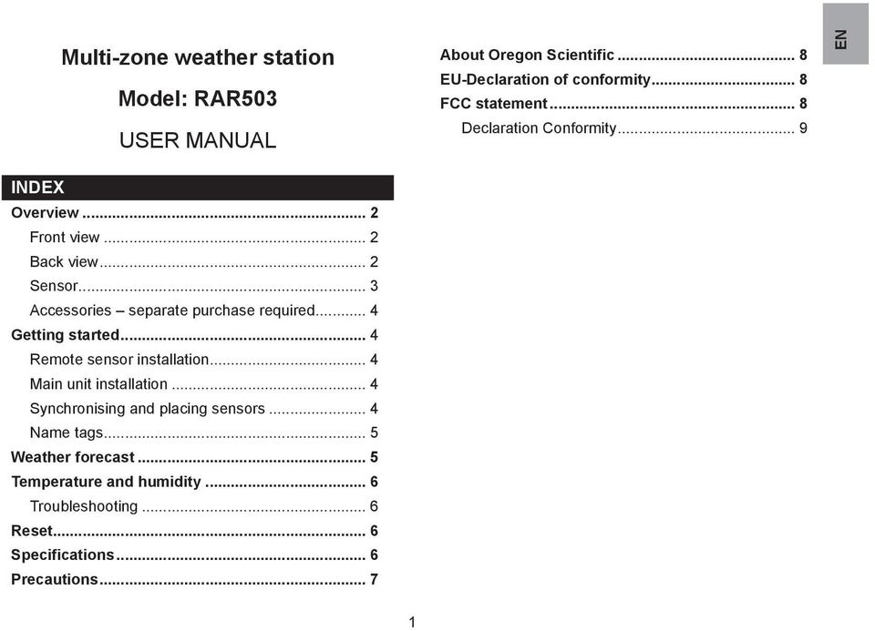 .. Accessories separate purchase required... Getting started... Remote sensor installation... Main unit installation.
