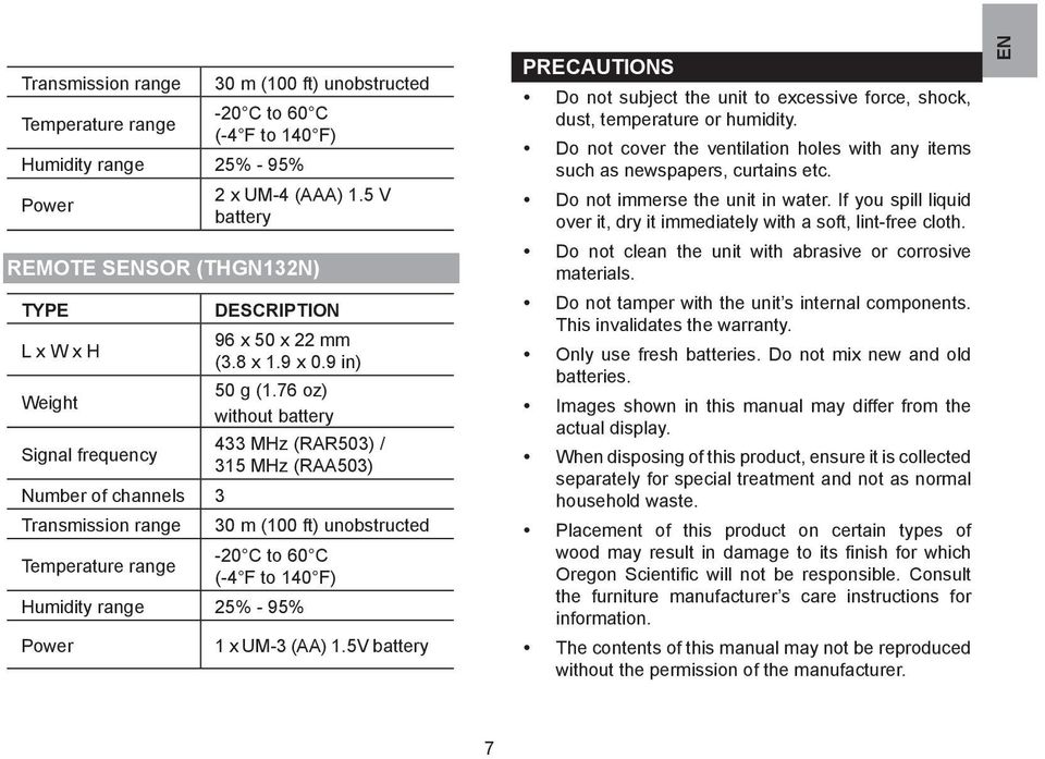76 oz) without battery Signal frequency MHz (RAR0) / MHz (RAA0) Number of channels Transmission range 0 m (00 ft) unobstructed Temperature range -0 C to 60 C (- F to 0 F) Humidity range % - 9% Power