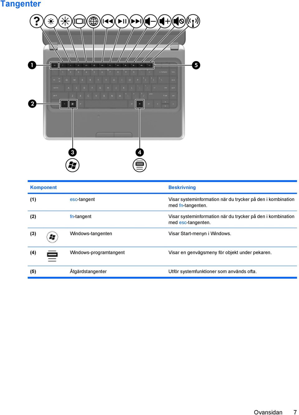 (2) fn-tangent Visar systeminformation när du trycker på den i kombination med esc-tangenten.