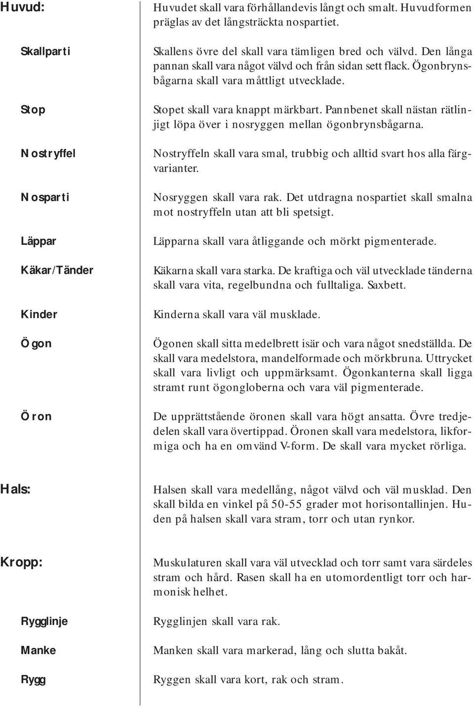 Stopet skall vara knappt märkbart. Pannbenet skall nästan rätlinjigt löpa över i nosryggen mellan ögonbrynsbågarna. Nostryffeln skall vara smal, trubbig och alltid svart hos alla färgvarianter.