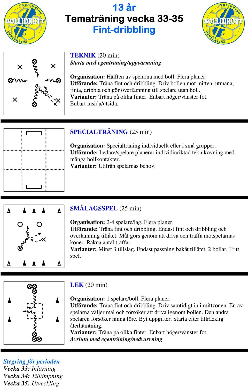 Utförande: Ledare/spelare planerar individinriktad teknikövning med många bollkontakter. SÅLAGSSPEL (25 min) Organisation: 2-4 spelare/lag. Flera planer. Utförande: Träna fint och dribbling.