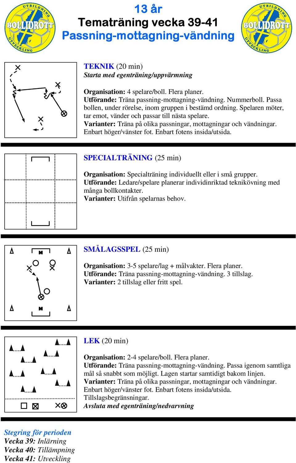 Enbart höger/vänster fot. Enbart fotens insida/utsida. Utförande: Ledare/spelare planerar individinriktad teknikövning med många bollkontakter.