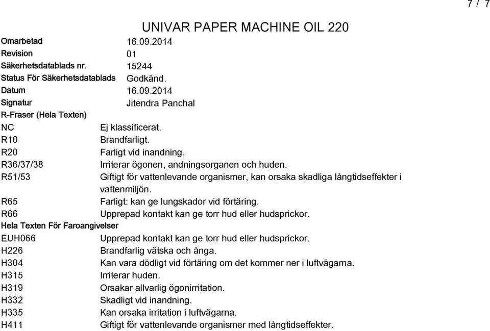 R65 Farligt: kan ge lungskador vid förtäring. R66 Upprepad kontakt kan ge torr hud eller hudsprickor. Hela Texten För Faroangivelser EUH066 Upprepad kontakt kan ge torr hud eller hudsprickor.