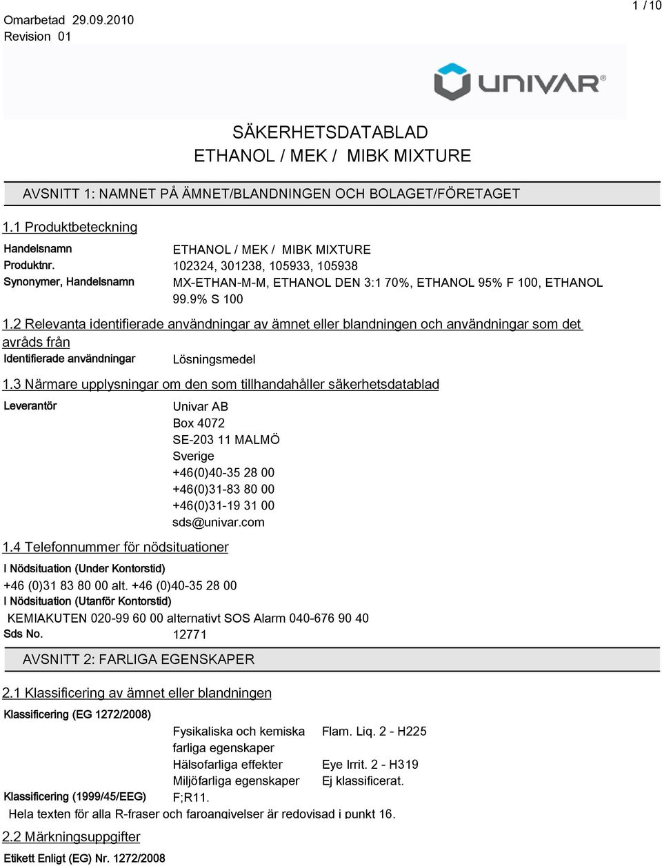 2 Relevanta identifierade användningar av ämnet eller blandningen och användningar som det avråds från Identifierade användningar Lösningsmedel 1.
