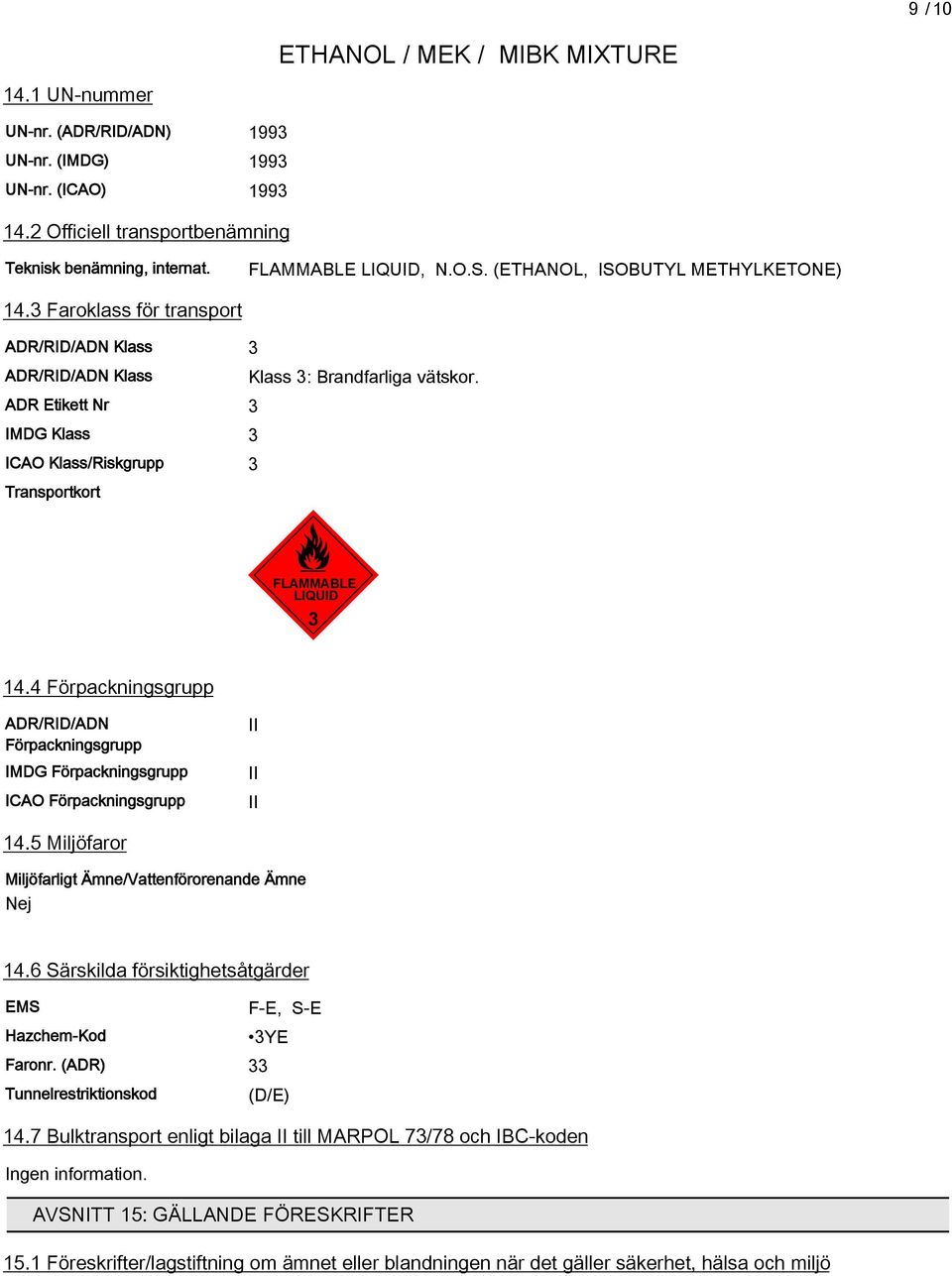 ADR Etikett Nr 3 IMDG Klass 3 ICAO Klass/Riskgrupp 3 Transportkort FLAMMABLE LIQUID 3 14.4 Förpackningsgrupp ADR/RID/ADN Förpackningsgrupp IMDG Förpackningsgrupp ICAO Förpackningsgrupp II II II 14.