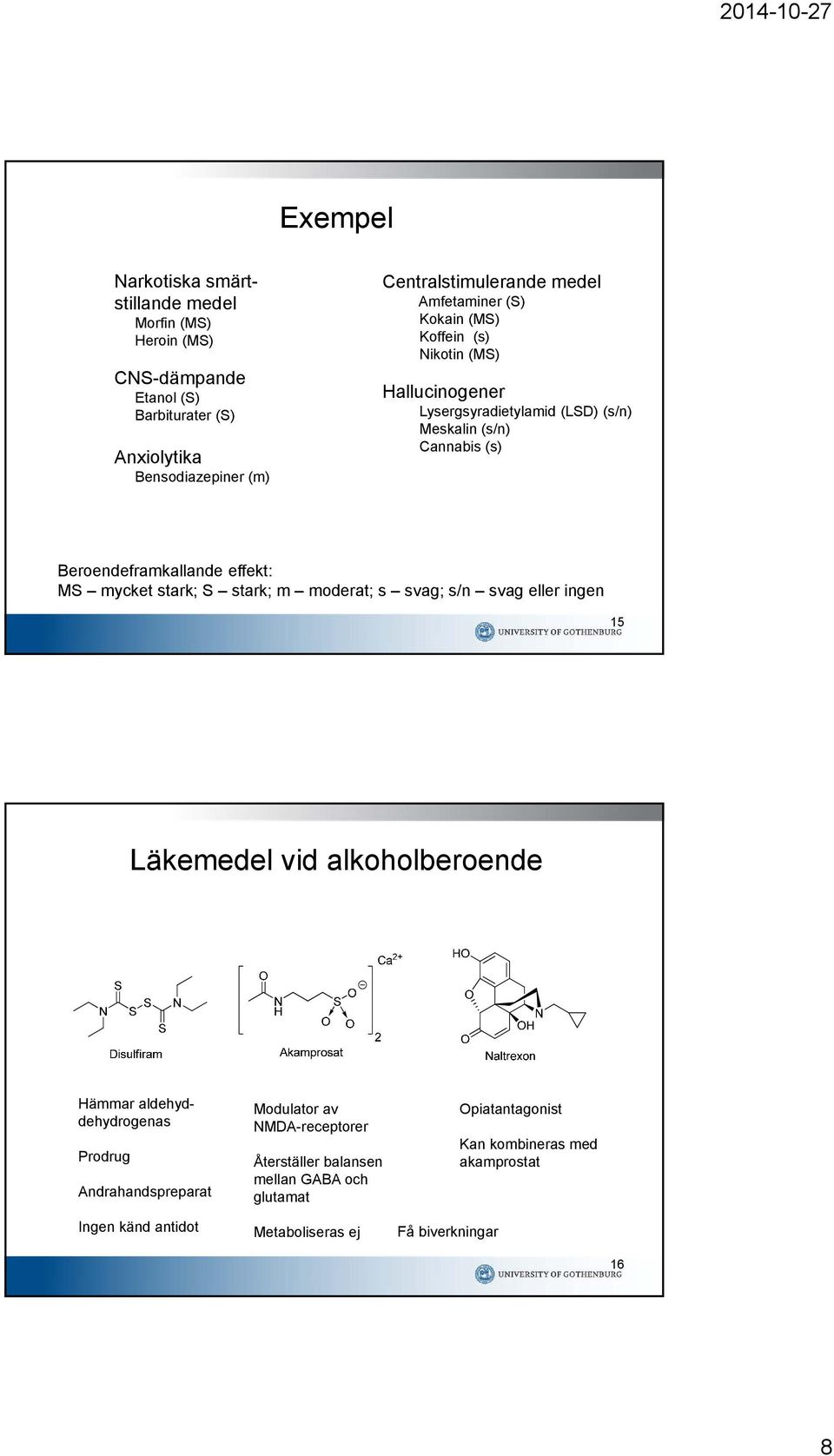 mycket stark; S stark; m moderat; s svag; s/n svag eller ingen 15 Läkemedel vid alkoholberoende Hämmar aldehyddehydrogenas Prodrug Andrahandspreparat Ingen känd