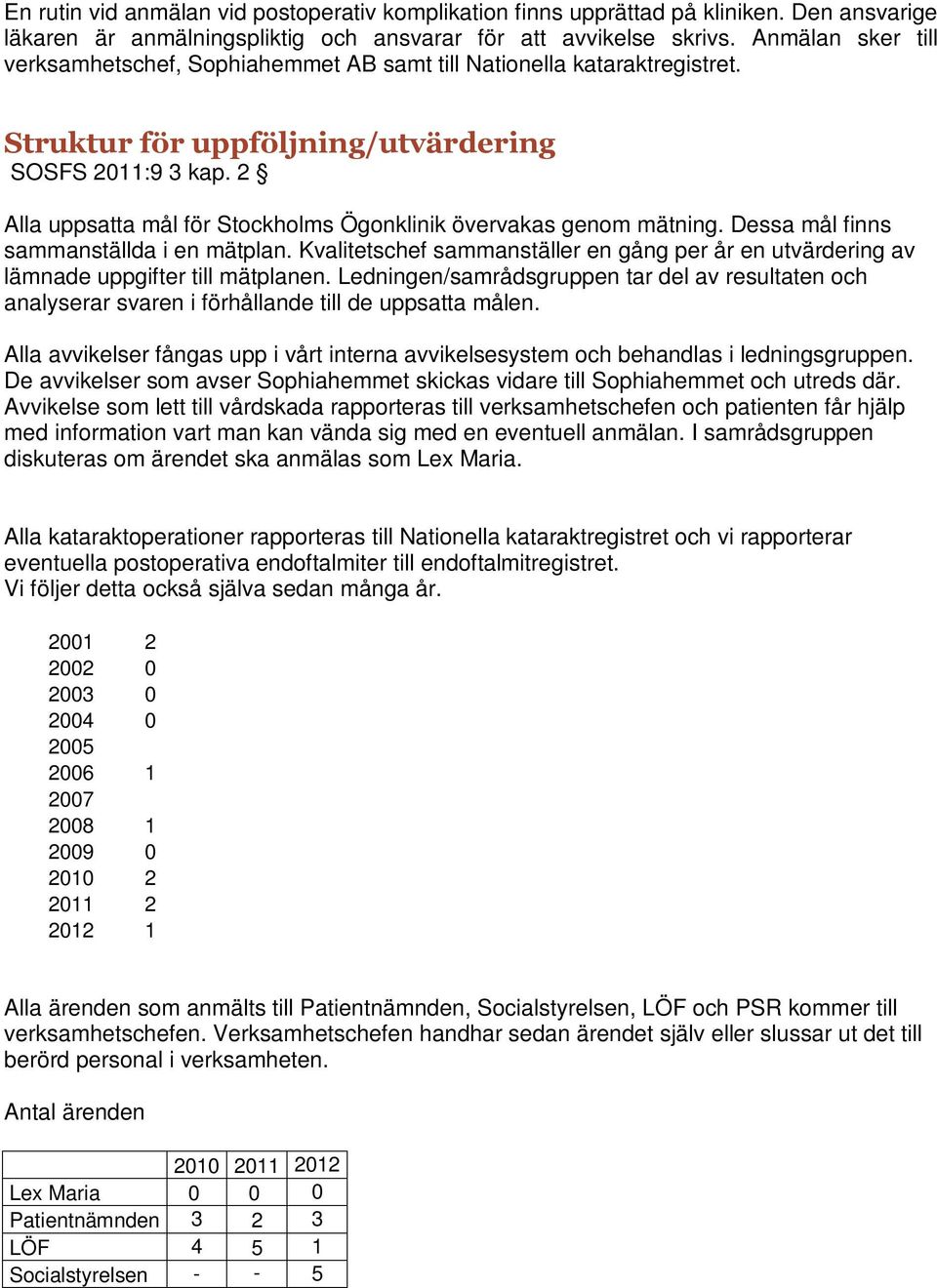 2 Alla uppsatta mål för Stockholms Ögonklinik övervakas genom mätning. Dessa mål finns sammanställda i en mätplan.