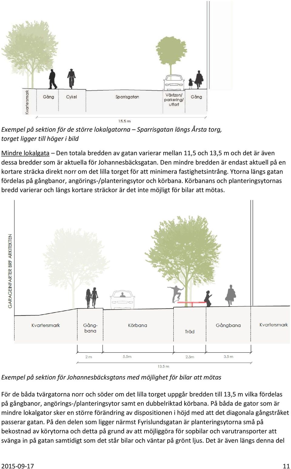 Ytorna längs gatan fördelas på gångbanor, angörings-/planteringsytor och körbana. Körbanans och planteringsytornas bredd varierar och längs kortare sträckor är det inte möjligt för bilar att mötas.