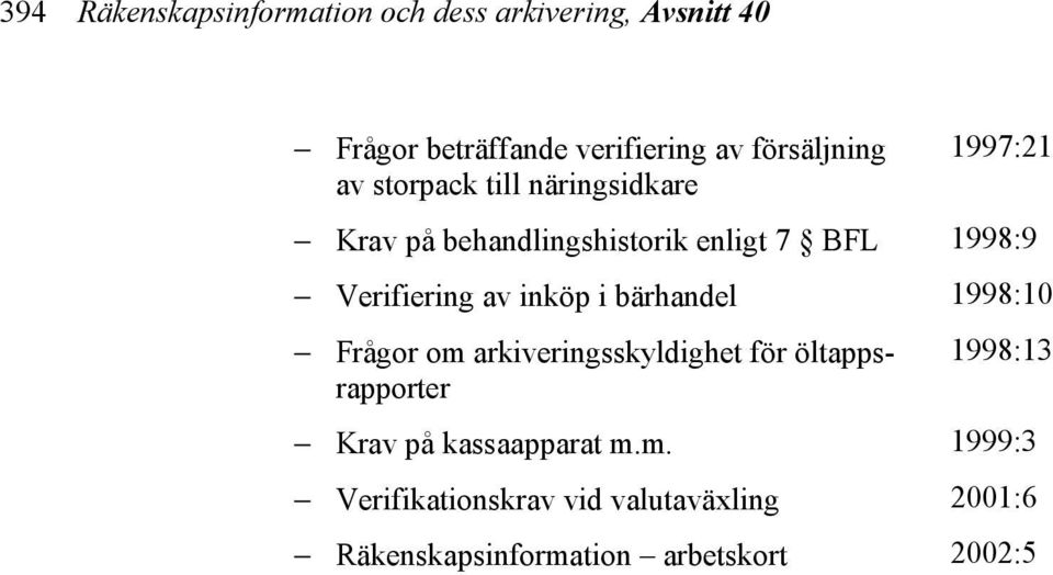 Verifiering av inköp i bärhandel 1998:10 Frågor om arkiveringsskyldighet för öltappsrapporter 1998:13